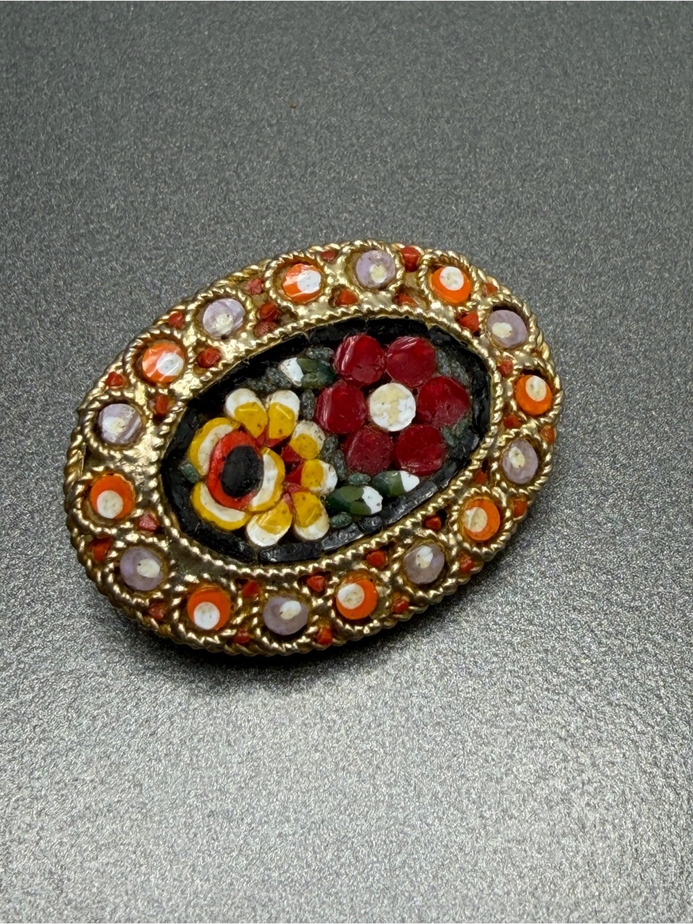 Vintage Floral Micro-Mosaic Oval Brooch in Yellow and Orange #43mo